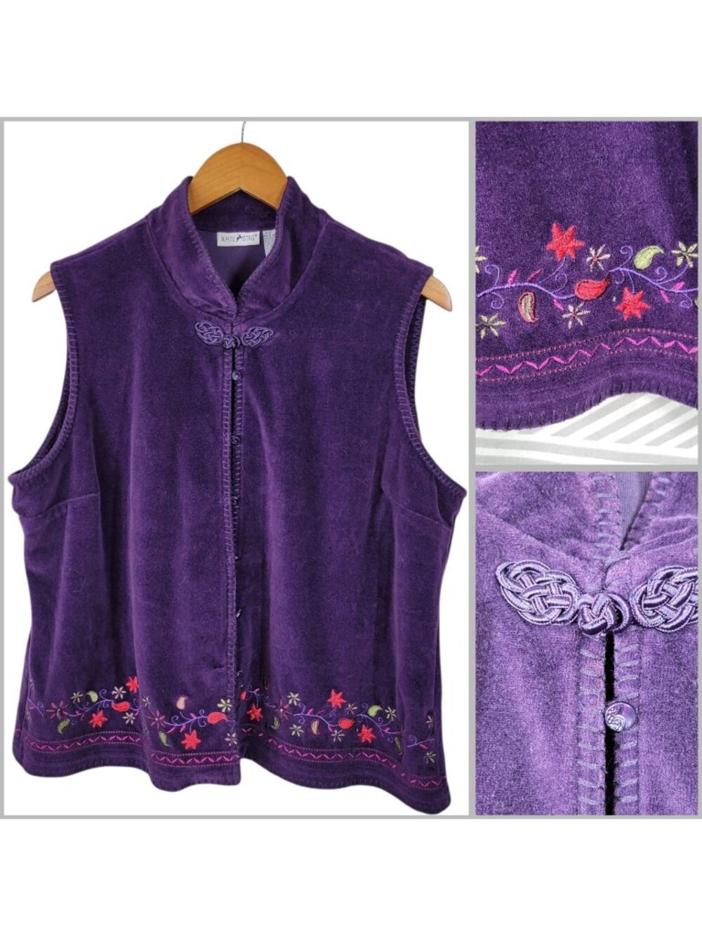 Vintage Velvet Vest size XL Embroidered Floral Nordic Icelandic Purple Velour